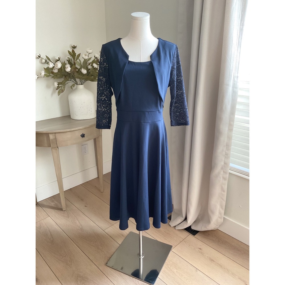Miusol Womens Navy Blue Lace 3/4 Sleeve Fit and Flare Cocktail Dress Size L